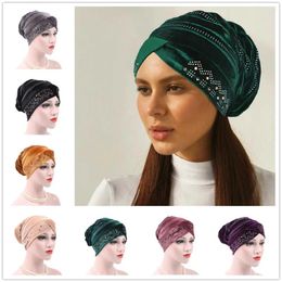 Ethnic Clothing African Pre-Tied Hijab Headwraps Green Crystal Head Wrap Pleated Velvet Stretchy Daily Prom Turban Beanie Caps For Women