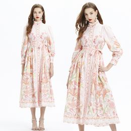 Vintage Ethnic Style Pink Floral Maxi Dress Long Sleeve Designer Women Elegant Shirt Collar Button Down Dresses Ladies Casual Office Party Resort Robes Clothing