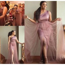 One Dusty Dresses Pink Bridesmaid Shoulder A Line Side Slit Tulle Elastic Satin Custom Made Plus Size Miad Of Honor Gown Formal Evening Wear