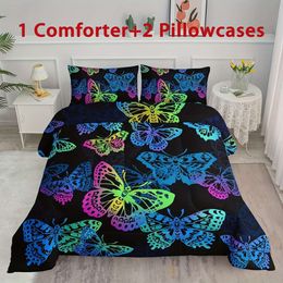 Duvet Cover 3pcs Colorful Butterflies Print Comforter Set Girls Teens Boys, Soft Comfortable Bedding Set, For Bedroom Guest Room Dorm (1*Comforter + 2*Pillowcase, Without