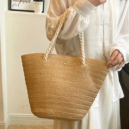 Drawstring Women Straw Beach Shoulder Handbag Summer Fashion Handmade Woven Boho Tote Bag Large Capacity Lady Vacation Shopping Bags Purse