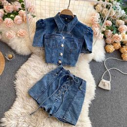 Women's Shorts Fashionable denim set womens lapel hollow short denim jacket top+high waisted drawstring zippered jeans shorts two-piece set WX