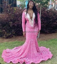 Pink Aso Ebi Sparkly Prom Dresses 2024 Luxury Long Sleeve Mermaid Sequins Evening Dress Tassel Plus Size Birthday Dress 2024 Black Women Beaded Ceremony Party Gowns