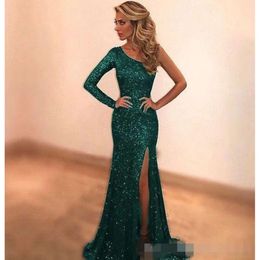 Prom Sequins Vintage Sparkly Green Dresses One Shoulder Mermaid Long Sleeves Side Slit Sweep Train Evenig Formal Party Gown Custom Made