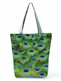 Shoulder Bags Peacock Feather Printed Handbag Outdoor Foldable Women Green Bag Fashion Travel Reusable Shopping Custom Pattern