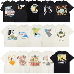 Rhude High end designer clothes for Exclusive Letter Poster Print Summer New Couple Loose Short sleeved T-shirt Trend With 1:1 original labels