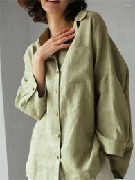 Women's Blouses Linen Women One Pocket Shirt Simple Turn-down Collar 2 Colours Loose Long Sleeve 2024 Spring Female Blouse