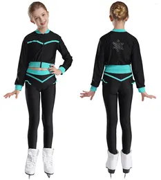 Stage Wear Kids Girls Figure Skating Outfits Contrast Colour Long Sleeve Zipper Jacket With Leggings Acrobatics Gymnastics Yoga Dancewear