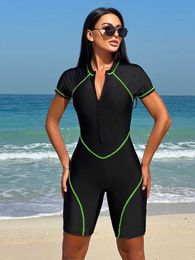 Women's Swimwear Peachtan Surf Suit Woman Sports Swimwear Shorts Short Slve Swimsuit New Beachwear Set 2024 black bathing suit women one piece Y240429