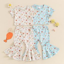 Clothing Sets FOCUSNORM 0-4Y Little Girls Summer Clothes 2pcs Chicken Floral Print Short Sleeve Crewneck Tops Flared Pants
