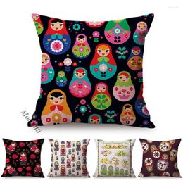Pillow Colourful Russian Doll Pattern Cover Russia Art Hand-Painted Decoration Sofa Throw Case Flax Square S