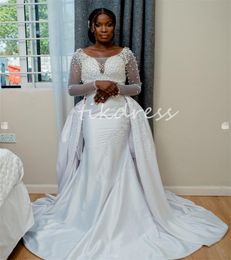 Gorgeous Aso Ebi Mermaid Wedding Dresses With Detachable Train Pearls Long Sleeve Nigeria African Country Bridal Dress 2024 2 In 1 Plus Size Church Bride Vestio Novia