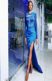 Fitted Blue Black Girls Prom Dresses With High Slit High Neck Long Sleeve Satin Mermaid Evening Dress Plus Size Special Occasion D6621617