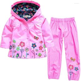 Clothing Sets Spring Girls Set Flower Pattern Clothes Waterproof Raincoat Hooded Coat Pant 2Pcs Casual Suit Children