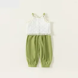 Clothing Sets Girls' Summer White Single Breasted V-neck Lace Sleeveless Camisole Green Loose Ankle Pants 2pcs Set