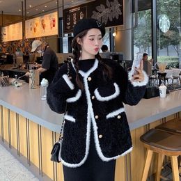 Women's Jackets Girls Little Fragrance Jacket Autumn Winter Versatile Imitation Lamb Plush Cropped Coat Black Thicken Young Top Surcoat