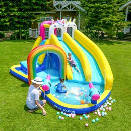 Inflatable Water Slides Unicorn Water Slides For Kids Backyard Dual Slides with Water Spray Pool Water Guns Rainbow Arch Double Unicorn Design Playhouse Park Play