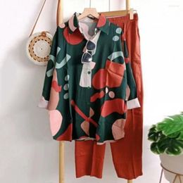 Women's Two Piece Pants 2 Pcs/Set Women Shirt Set Colorful Print Lapel Long Sleeve Single-breasted Blouse Wide Leg Loose Elastic Waist