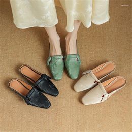 Slippers Summer Split Leather Women Mules Casual Shoes For Cover Toe Chunky Heel Square Sandals