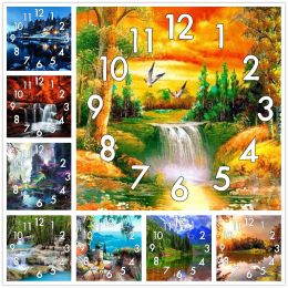 Stitch Dpsprue Full Diamond Painting Cross Stitch River Scenery With Clock Mechanism Mosaic 5D Diy Square Round 3d Embroidery Gift