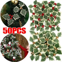 Wreaths New Christmas Holly Leaves Artificial Red Berries DIY Christmas Wreath Decoration For Home Party Xmas Tree New Year Gifts Decor