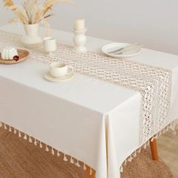Pads Cotton Linen Rectangular Table Cloth Beige Knitted Hollow SplicingTablecloth for Table Wedding Decor Coffee Table Cover