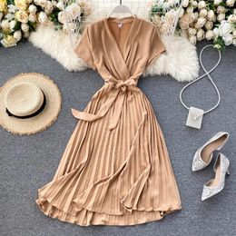 Party Dresses 2024 Lady Women Dress Bandage Pleated A-line Vestidos Summer Bow Vintage Holiday Robes Long 400g