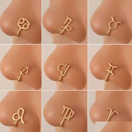 Nose Rings & Studs Clips Hoops For Women Non-Piercing Body Jewlery Constellation Symbol Copper Gold Colour Wholesale 2023 New Drop Del Dhpek