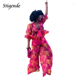 Women's Two Piece Pants Stigende Floral Print Chiffon Set Women Fashion Clothes Bandage Half Sleeve Blouse Crop Top And Wide Leg Loose