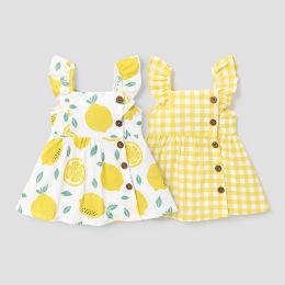 Dresses PatPat Baby Girl 100% Cotton Gingham or Allover Lemon Print Fluttersleeve Button Dress Soft and Comfortable Basic Style