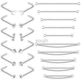 Body Arts Nose Rings Chain Piercing Across Double with Chain Studs with Chain 20G Piercing Stud Nostril Jewellery for Women Men d240503