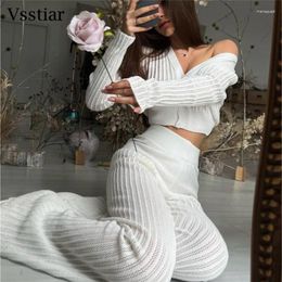 Women's Two Piece Pants Vsstiar Knitted Women Set Long Sleeve V Neck Single Breasted Crop Top High Waist Wide Leg Casual Matching Suits