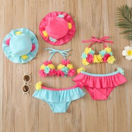 Swimwear Infant Baby Girls Threepiece Bathing Suit, Flower Halter Neck Swimming Tops, Bottoms and Sun Protection Cap