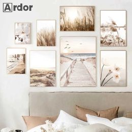 Wallpapers Beige Landscape Poster Beach Bridge Canvas Picture or Reed Wall Art Flower Print Nordic Poster Living Room Decoration J240505