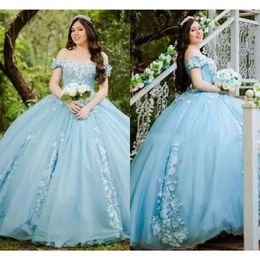 Blue Off Shoulder The Quinceanera Light Dresses Tulle Corset Back 3D Floral Lace Applique Beaded Custom Made Princess Sweet 16 Prom Pageant Ball Gown Vestidos