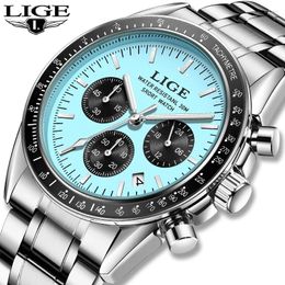 Wristwatches LIGE 2024 Men's Casual Watches Top Stainless Steel Quartz Watch For Men Date Clock Chronograph Male Wrist