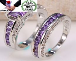 OMHXZJ Whole European Fashion Woman Man Party Wedding Gift Square Amethyst 925 Sterling Silver Ring Set RR763969448