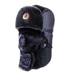 Bomber Hat Russian Ushanka PU Leather Winter Trapper Soviet Badge Army Aviator Trooper Neck Cover Earflap Snow Ski Cap with Mask C8220788
