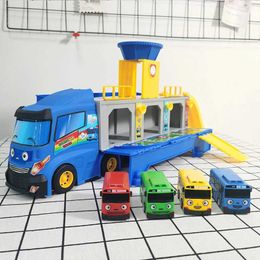 Diecast Model Cars Cartoon Tayos The Little Bus Container Truck Storage Box Parking Lot With 3 Pull Back Mini Car Toys For Children Birthday Gifts T240506