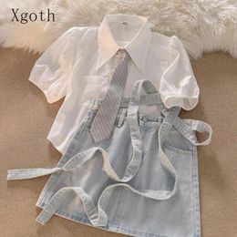 Work Dresses Spring 2024 Bubble Sleeve Shirt Sweet And Spicy Lace-up Denim Skirt Womens Two Peice Sets Conjunto Para Mujer 2 Piezas