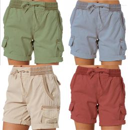 Women's Shorts Women Cargo Pants Elastic Waist Short Cotton Linen Pocket Summer Beach Solid Color Sliming Comfot Breathable