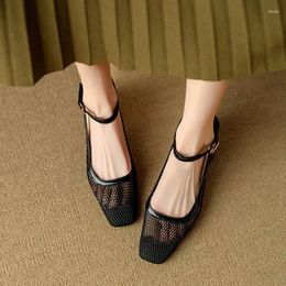 Sandals Summer Women Square Toe Chunky Heel Shoes For Cover Black Mesh Ankle Strap Modern