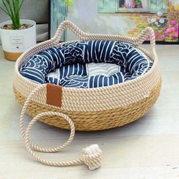 Cat Beds Furniture Summer Cat Bed Woven Removable Upholstery Sleeping House Cat Scratch Floor Rattan Wear-resistant Washable Cat Pet Supplies 35