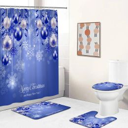 Curtains Christmas Shower Curtains Set Blue Rope Ball Snowflake Xmas New Year Home Bathroom Decor Bath Mats NonSlip Rug Toilet Lid Cover