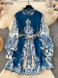 Casual Dresses Neploe Elegant Stand Collar Puff Sleeve Print Mujer Lace Up Panelled A-line High Waist Dress Moda Mid-length Vestidos