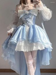 Casual Dresses Blue Lolita Hanging Neck Strapless Dress Women Front Short And Back Long Vestidos Large Bow Flower Princess