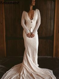 Charming V-Neck Long Sleeve Lace Mermaid Wedding Dresses Open Back Tassel Boho Bridal Gowns Robe De Mariee