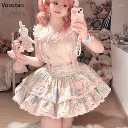 Work Dresses Japanese Style Kawaii Lolita 2 Piece Set Women Sweet Lace Ruffles Blouse Cartoon Print Mini Skirts Girls Korean Fashion Y2k