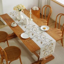 Pads Nordic Embroidery Plant Table Runner Green Leaves Tassel Tea Table Mat Cotton Linen Table Runner Home Decor Dining Tablecloth