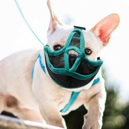 Dog Collars Leashes Pet Muzzles Breathable Mouth Cover Adjustable Anti Bark Bite Mesh Dogs Muzzle Mask for French Bulldog Pug H240506